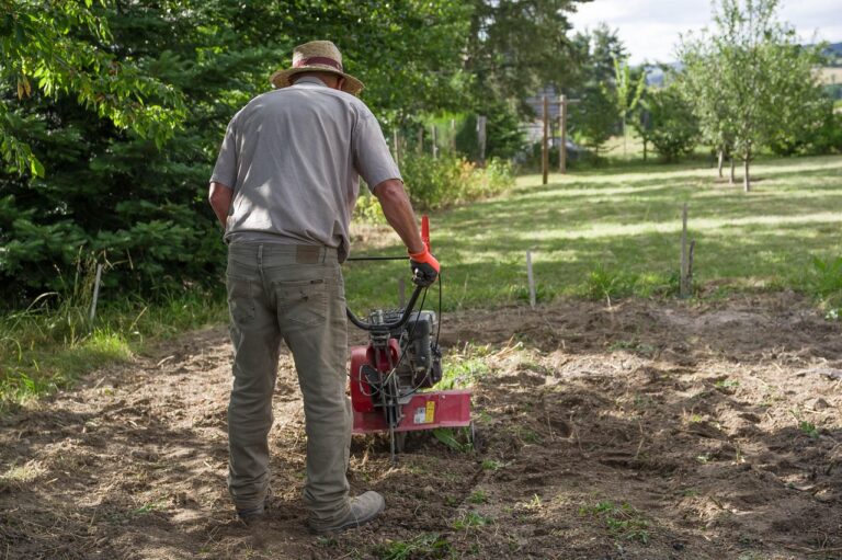 Immagine di un giardiniere che zappa un orto, rompendo la crosta di terra per favorire la crescita delle radici.