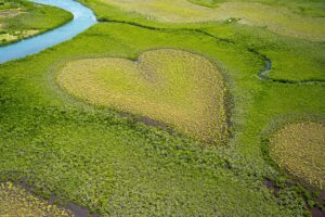 Vista aerea del borgo a forma di cuore, evidenziando le sue strade e architetture suggestive.